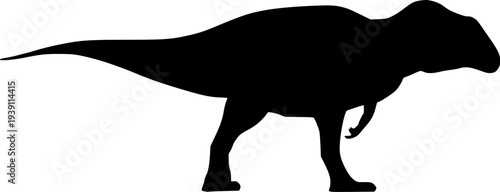 Dynamic black silhouette of a carnivorous dinosaur in a powerful running and hunting motion, pre-historic predator, isolated vector illustration on a white background for design.