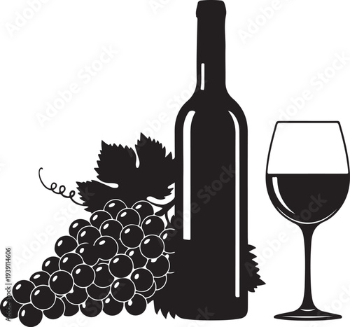 Vector wine bottle and glass icon with grapes