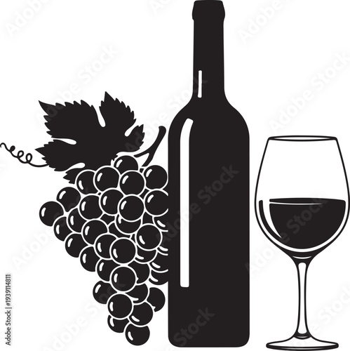 Vector wine bottle, grapes and glass icon