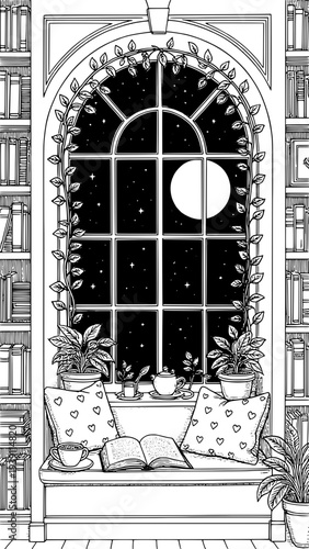 “Black and white line art illustration of a cozy room interior with an arched window covered in a large spider web, night sky with stars outside, hanging lanterns and ornaments, pumpkins and plants on