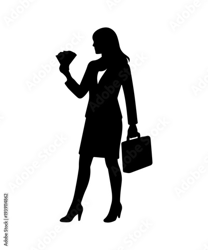 Businesswoman holding briefcase with money showing wealth silhouette