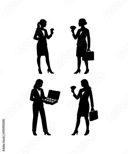 Businesswomen holding briefcase with cash money showing wealth silhouette set