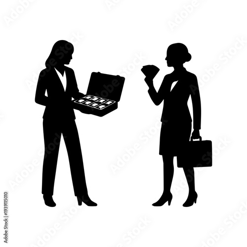 Businesswomen holding briefcase with cash money showing wealth silhouette set