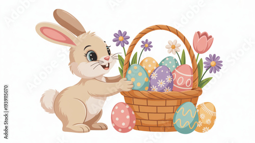 Adorable cartoon bunny holding easter basket filled with colorful eggs and flowers soft lighting pastel colors white background
