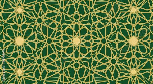 A vibrant green and gold geometric pattern design with intricate floral shapes and lines