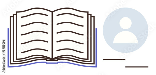Education, online learning, knowledge exchange, e-learning platforms, user profiles, and digital literacy. Open book and circular profile icon. Education and online learning