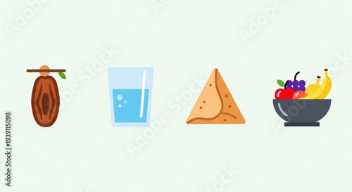 A vector graphic illustration of healthy food and drink options including a coconut, water, samosa, and fruit bowl