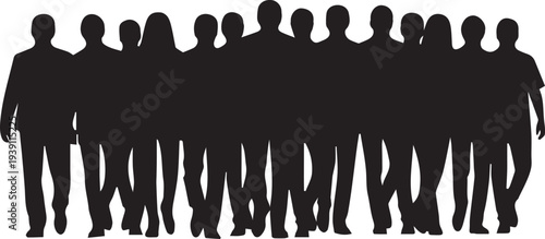 Crowd of diverse people walking forward silhouette vector illustration in flat line style