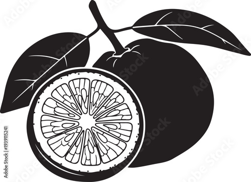 Vector black citrus fruit icon with leaves