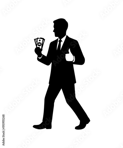 Businessman silhouette holding cash money in hand