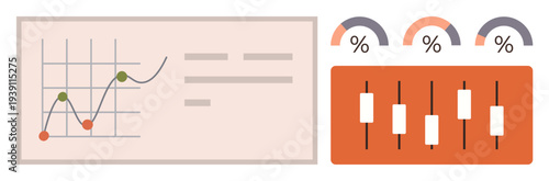 Data analysis, financial forecasts, stock trading, performance tracking, business metrics, economic trends. Graph with data points and candlestick chart with percentage indicators. Data analysis