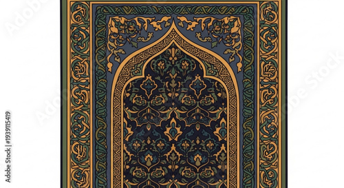 A beautifully designed Islamic prayer mat with intricate patterns and gold accents