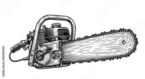 Vintage engraving chainsaw power tool detailed woodworking equipment illustration hand drawn woodcut style