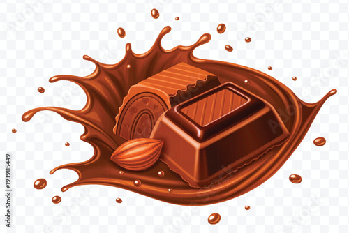 abstract 3d chocolate bar into liquid chocolate splash with bubbles in curve style isolated on transparent background