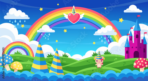 A whimsical fantasy vector illustration of a magical landscape with a rainbow, castle, and cute creature