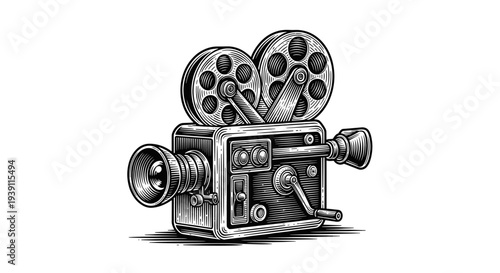 Vintage movie camera engraving, antique film projector sketch and retro cinema equipment in woodcut style isolated