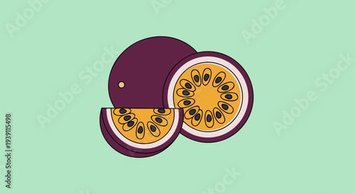 Fresh passion fruit vector illustration on a light green background, a healthy tropical fruit sliced and whole