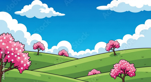 A vibrant cartoon landscape with rolling green hills, pink cherry blossom trees, and a bright blue sky with fluffy white clouds.