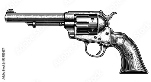 Vintage revolver engraving, hand drawn retro wild west pistol sketch, antique cowboy firearm isolated