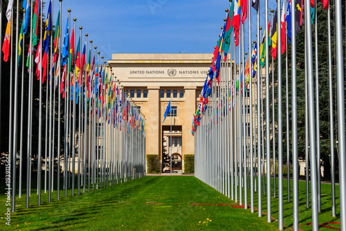 Εκτύπωση καμβά Rows of the United Nations member states flags in a front of Palace of United Na