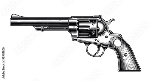 Vintage revolver engraving, hand drawn retro wild west pistol sketch, antique cowboy firearm isolated