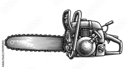 Vintage engraving chainsaw power tool detailed woodworking equipment illustration hand drawn woodcut style