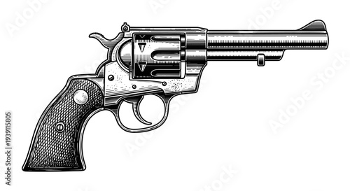 Vintage revolver engraving, hand drawn retro wild west pistol sketch, antique cowboy firearm isolated