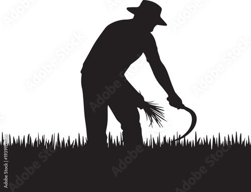 Farming worker harvesting crops silhouette vector illustration holding sickle in wheat field