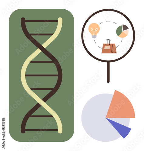 Science, business analysis, e-commerce, biology, market research, data visualization. DNA double helix alongside magnifying glass and charts. Biology and business analysis concept