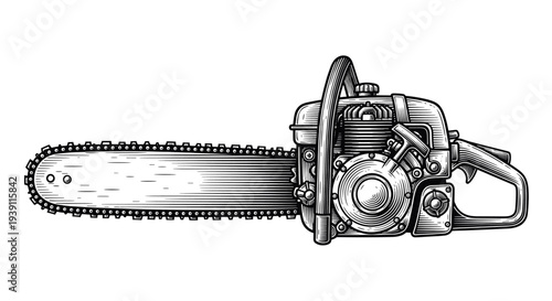 Vintage engraving chainsaw power tool detailed woodworking equipment illustration hand drawn woodcut style