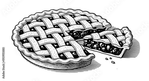 Vintage apple pie engraving, antique bakery sketch, traditional sweet pastry with lattice crust in woodcut style