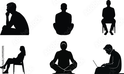 Sitting people silhouette set, seated person pose vector collection