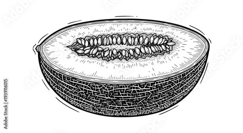Vintage engraving melon slice fruit detailed botanical food illustration hand drawn woodcut style