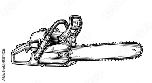 Vintage engraving chainsaw power tool detailed woodworking equipment illustration hand drawn woodcut style