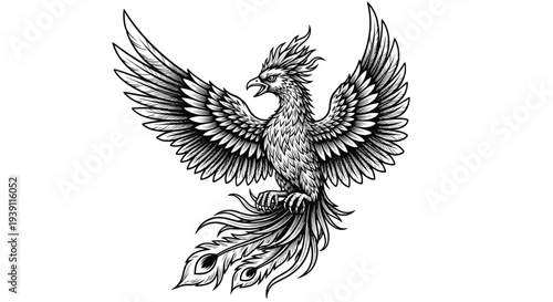 Mythical phoenix bird engraving, antique fire bird sketch and fantasy creature illustration in vintage woodcut style isolated