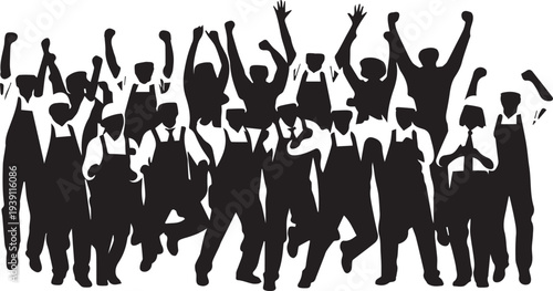 Group of happy workers celebrating success vector silhouette illustration crowd of people