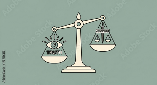 Balance scale with truth and artificial intelligence weights on a green background symbolizing justice and technology
