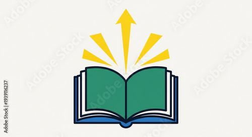 Open book with green pages and yellow rays of light shining up from it on white background