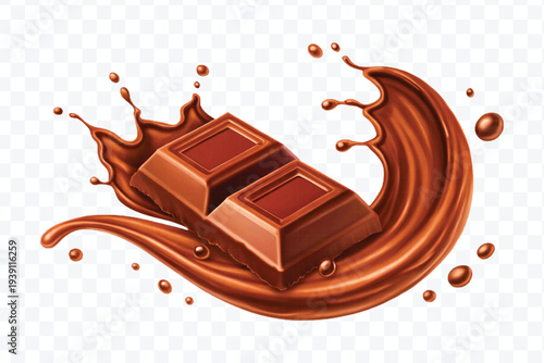 abstract 3d chocolate bar into liquid chocolate splash with bubbles in curve style isolated on transparent background