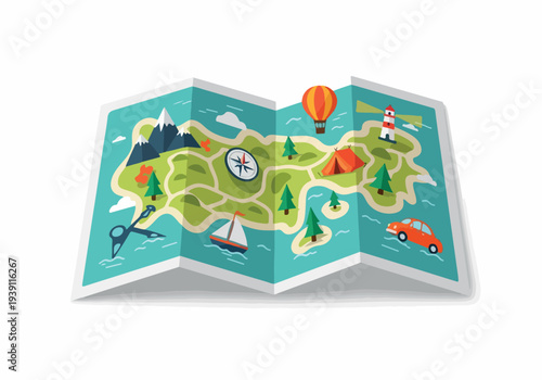 A cartoon map unfolded displaying various travel destinations and modes of transportation