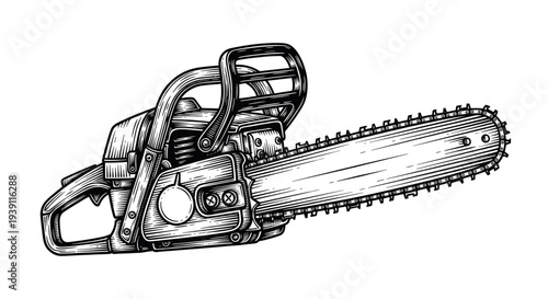Vintage engraving chainsaw power tool detailed woodworking equipment illustration hand drawn woodcut style