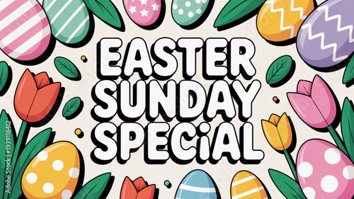 Colorful easter sunday special banner with decorated eggs and tulips in a vibrant cartoon style