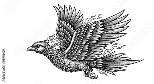 Mythical phoenix bird engraving, antique fire bird sketch and fantasy creature illustration in vintage woodcut style isolated