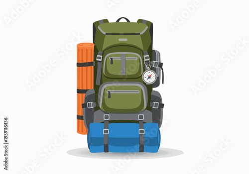 Hiking backpacks and equipment stacked together, ready for adventure and travel, showcasing outdoor gear from a front viewpoint.
