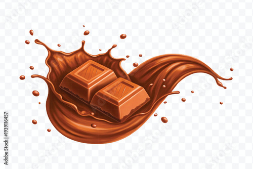 abstract 3d chocolate bar into liquid chocolate splash with bubbles in curve style isolated on transparent background