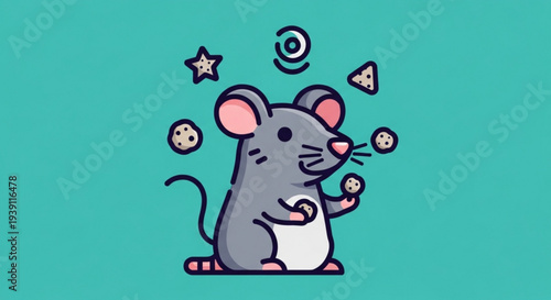 A cheerful cartoon mouse juggling various shapes on a teal background with stars and swirls