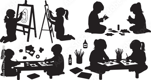 Group of happy children engaged in arts and crafts activity.