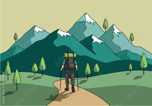 A hiker with a backpack walks along a winding path towards majestic mountains with trees in a serene landscape from a rear viewpoint