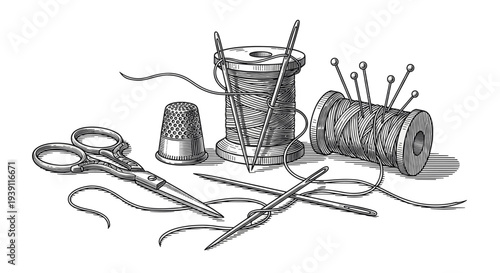 Vintage sewing tools composition with thread spools and needles detailed engraving illustration, antique tailoring equipment hand drawn woodcut style craft supplies