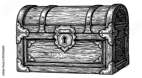 Vintage engraving style wooden treasure chest illustration